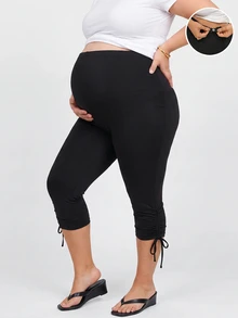 Plussiva Quần dưới cho bà bầu size lớn, phong cách thường ngày, mềm mại, đa năng, màu trơn, ôm dáng, phù hợp tập gym và trang trọng, màu đen, mùa hè - màu đen - Xem 3