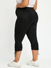 Plussiva Quần dưới cho bà bầu size lớn, phong cách thường ngày, mềm mại, đa năng, màu trơn, ôm dáng, phù hợp tập gym và trang trọng, màu đen, mùa hè - màu đen - Xem 4