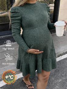 Plussiva Gaun Kasual Hamil Ukuran Besar Warna Polos Leher Bulat Lengan Panjang Bergaris - Hijau - View 1