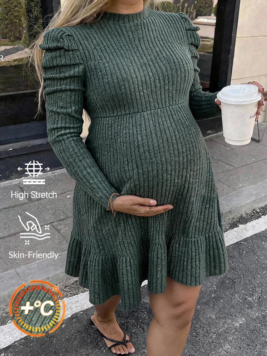 Plussiva Gaun Kasual Hamil Ukuran Besar Warna Polos Leher Bulat Lengan Panjang Bergaris - Hijau - View 1