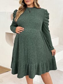 Plussiva Gaun Kasual Hamil Ukuran Besar Warna Polos Leher Bulat Lengan Panjang Bergaris - Hijau - View 7