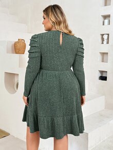 Plussiva Gaun Kasual Hamil Ukuran Besar Warna Polos Leher Bulat Lengan Panjang Bergaris - Hijau - View 5