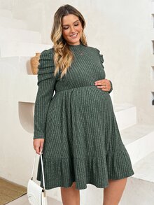 Plussiva Gaun Kasual Hamil Ukuran Besar Warna Polos Leher Bulat Lengan Panjang Bergaris - Hijau - View 6