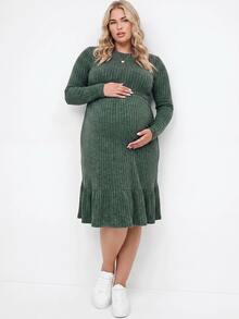 Plussiva Gaun Kasual Hamil Ukuran Besar Warna Polos Leher Bulat Lengan Panjang Bergaris - Hijau - View 2