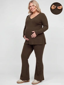 Plussiva طقم ملابس حمل مقاس كبير من قطعتين: ملابس علوية بفتحة جانبية وبنطلون - بني - مشاهدة 3