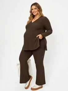 Plussiva طقم ملابس حمل مقاس كبير من قطعتين: ملابس علوية بفتحة جانبية وبنطلون - بني - مشاهدة 7