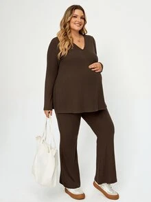 Plussiva طقم ملابس حمل مقاس كبير من قطعتين: ملابس علوية بفتحة جانبية وبنطلون - بني - مشاهدة 8