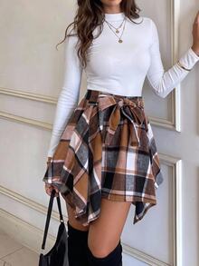 SHEIN LUNE Women's Asymmetrical Hem Plaid Skirt - Brown - View 1