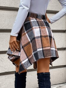 SHEIN LUNE Women's Asymmetrical Hem Plaid Skirt - Brown - View 2