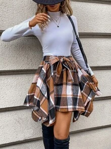 SHEIN LUNE Women's Asymmetrical Hem Plaid Skirt - Brown - View 6