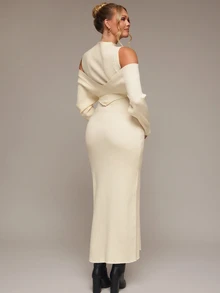 SHEIN Maternity Solid Color Off-Shoulder Long Sleeve Fitted Knit Dress - Apricot - View 9