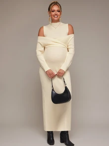 SHEIN Maternity Solid Color Off-Shoulder Long Sleeve Fitted Knit Dress - Apricot - View 2