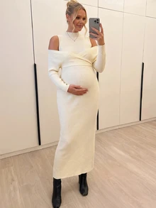 SHEIN Maternity Solid Color Off-Shoulder Long Sleeve Fitted Knit Dress - Apricot - View 1