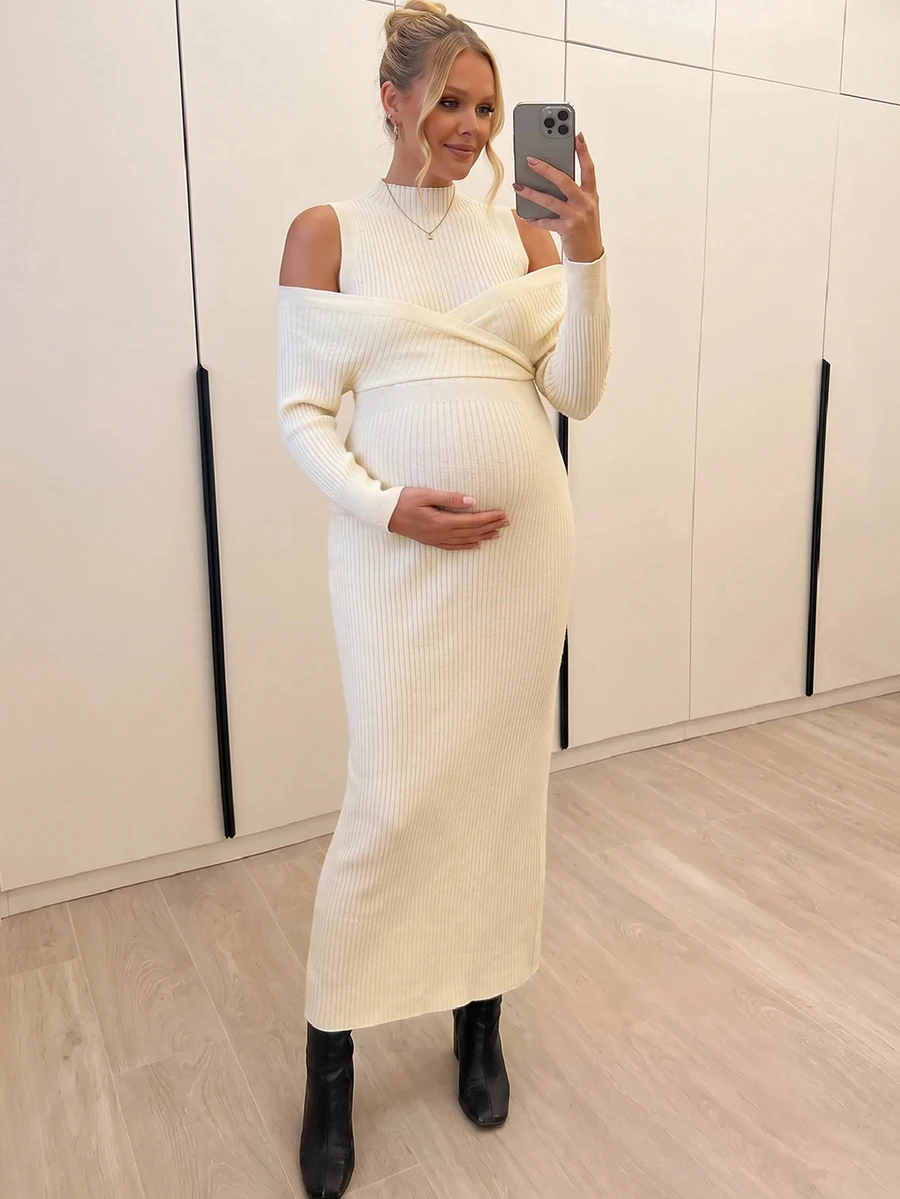 SHEIN Maternity Solid Color Off-Shoulder Long Sleeve Fitted Knit Dress - Apricot - View 1