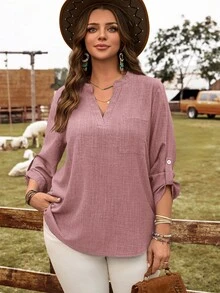 EMERY ROSE Plus Size Women Solid V-Neck Roll Sleeve Blouse,Western Wear Women Fall - Pink - View 5