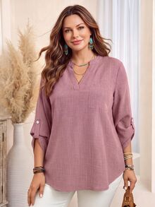 EMERY ROSE Plus Size Women Solid V-Neck Roll Sleeve Blouse,Western Wear Women Fall - Pink - View 4