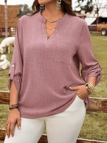 EMERY ROSE Plus Size Women Solid V-Neck Roll Sleeve Blouse,Western Wear Women Fall - Pink - View 6