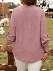 EMERY ROSE Plus Size Women Solid V-Neck Roll Sleeve Blouse,Western Wear Women Fall - Pink - View 2