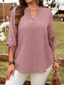 EMERY ROSE Plus Size Women Solid V-Neck Roll Sleeve Blouse,Western Wear Women Fall - Pink - View 1