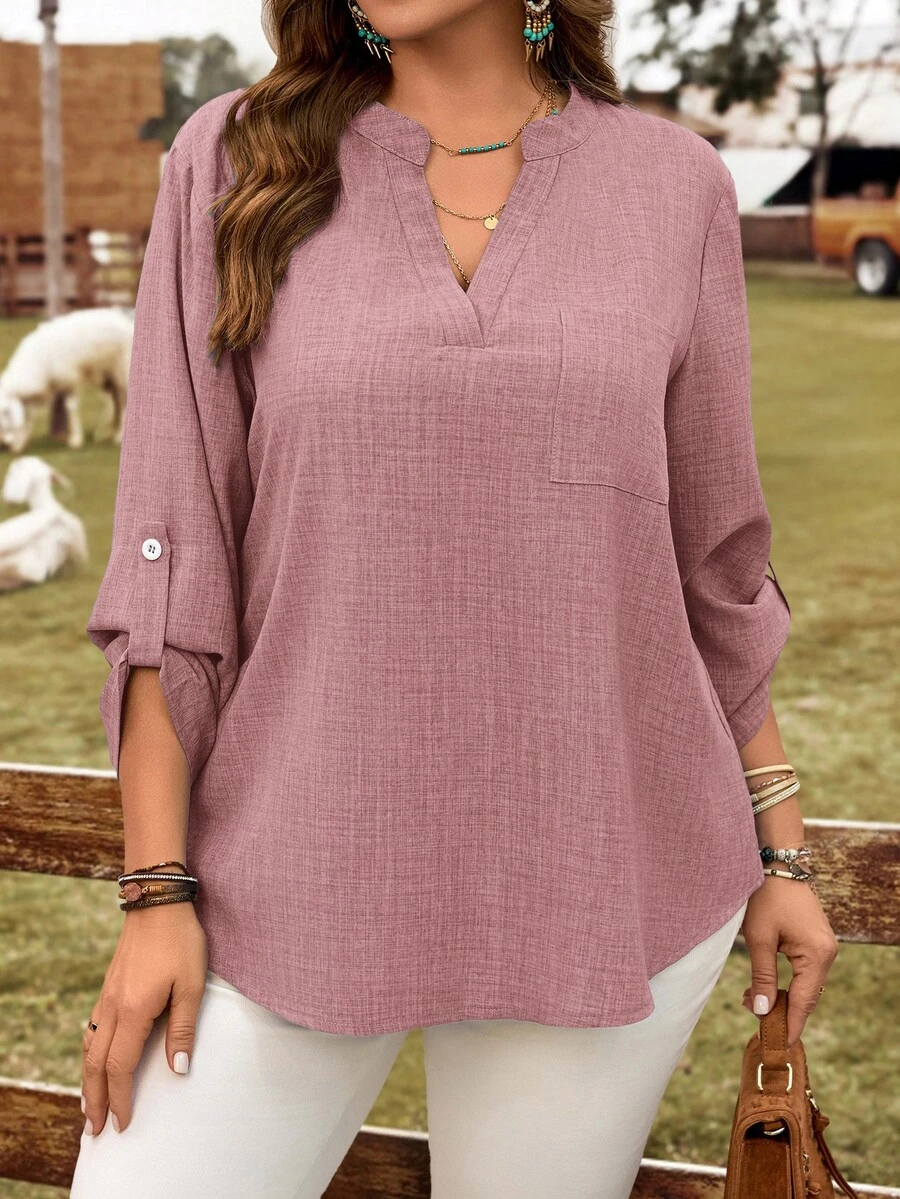EMERY ROSE Plus Size Women Solid V-Neck Roll Sleeve Blouse,Western Wear Women Fall - Pink - View 1