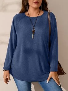 EMERY ROSE 加大码圆领长袖休闲宽松柔软迷人冬季 T 恤，秋装 - 藏蓝色 - 查看 6