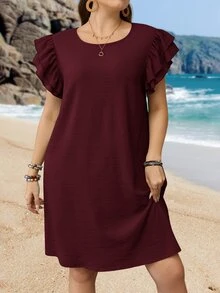 EMERY ROSE Plus Size Casual Enfärgad Mini Cap Sleeve Klänning - Bourgogne - Visa 7