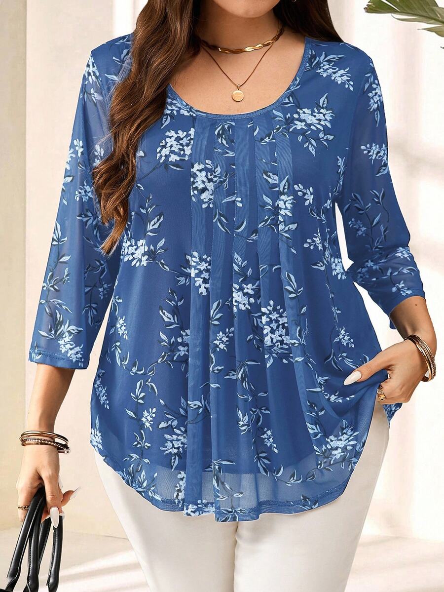 EMERY ROSE Plus Size Women Navy Floral Print 3/4 Sleeve Blouse,Summer Fall - Baby Blue - View 1