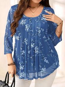 EMERY ROSE Plus Size Women Navy Floral Print 3/4 Sleeve Blouse,Summer Fall - Baby Blue - View 7