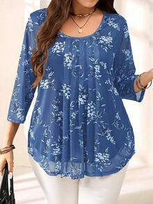 EMERY ROSE Plus Size Women Navy Floral Print 3/4 Sleeve Blouse,Summer Fall - Baby Blue - View 4
