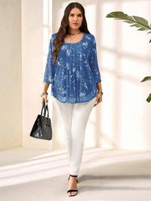 EMERY ROSE Plus Size Women Navy Floral Print 3/4 Sleeve Blouse,Summer Fall - Baby Blue - View 5