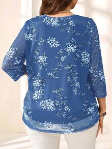 EMERY ROSE Plus Size Women Navy Floral Print 3/4 Sleeve Blouse,Summer Fall - Baby Blue - View 2