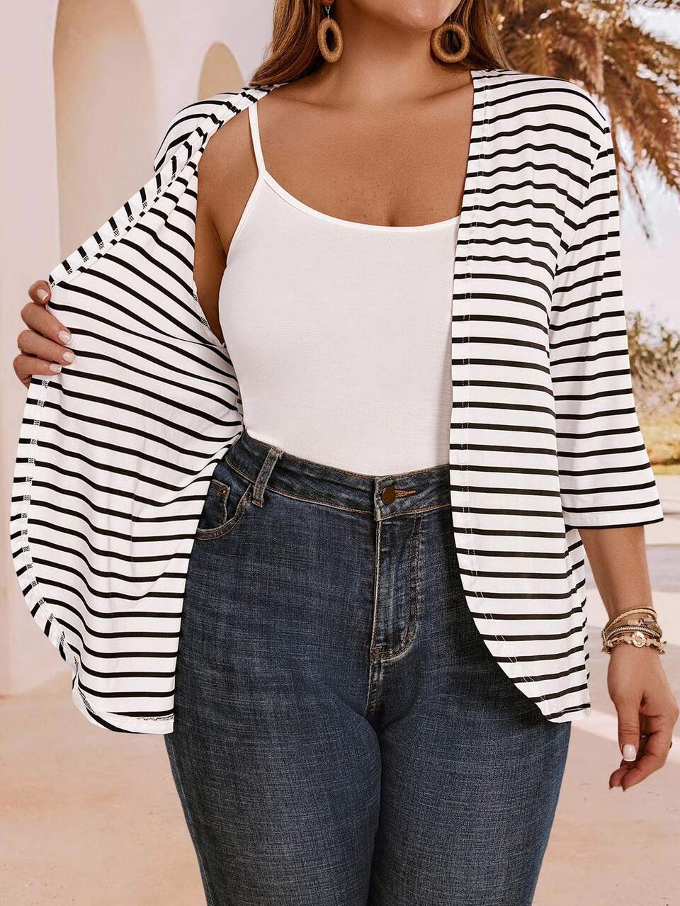 Plus Size Women's White Three Quarter Sleeve Coat, Autumn, Casual, Elegant, Airport Office Club, Bohemia Summer Vacation Holiday, Gifts For Mother