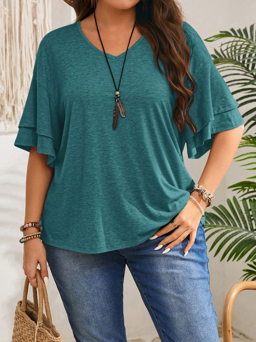 EMERY ROSE Camiseta de manga con volantes en escote en V de unicolor informal de talla grande - Agua verde azul - Ver 1