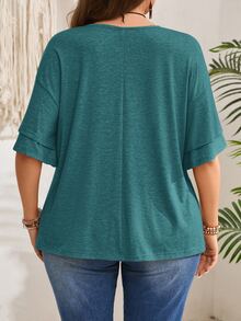 EMERY ROSE Camiseta de manga con volantes en escote en V de unicolor informal de talla grande - Agua verde azul - Ver 2