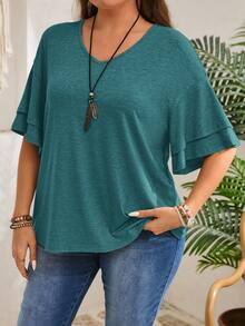 EMERY ROSE Camiseta de manga con volantes en escote en V de unicolor informal de talla grande - Agua verde azul - Ver 5