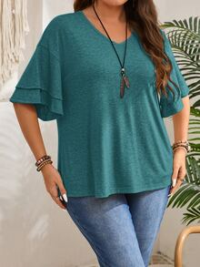 EMERY ROSE Camiseta de manga con volantes en escote en V de unicolor informal de talla grande - Agua verde azul - Ver 7