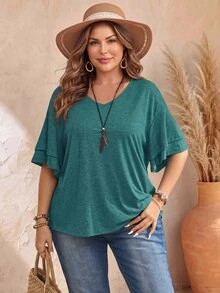 EMERY ROSE Camiseta de manga con volantes en escote en V de unicolor informal de talla grande - Agua verde azul - Ver 3