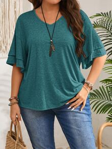 EMERY ROSE Camiseta de manga con volantes en escote en V de unicolor informal de talla grande - Agua verde azul - Ver 4