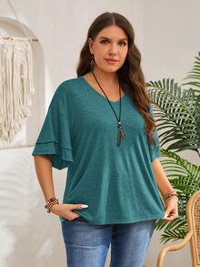 EMERY ROSE Camiseta de manga con volantes en escote en V de unicolor informal de talla grande - Agua verde azul - Ver 6