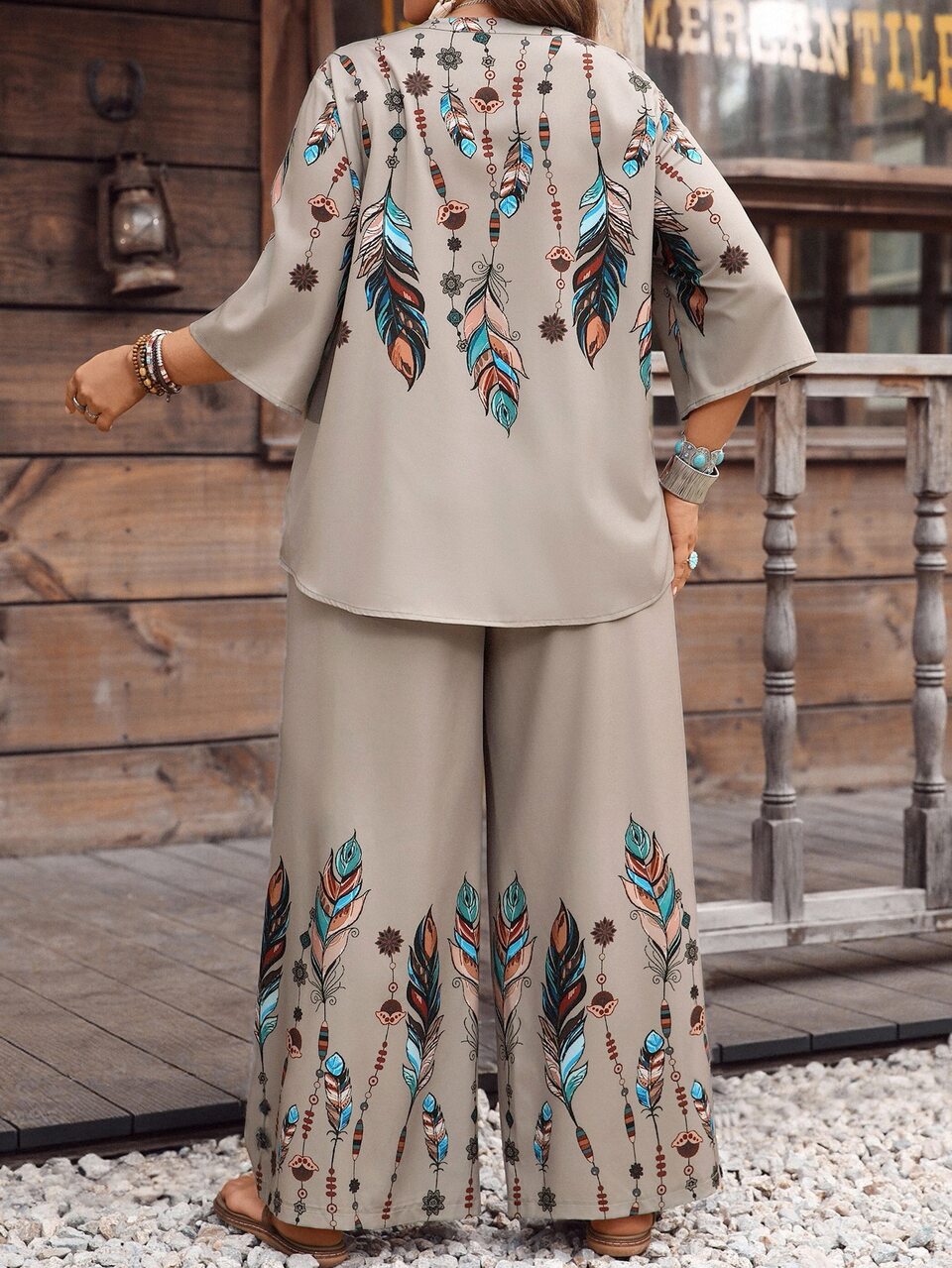 2 Pieces Set Plus Size Women Khaki Summer Casual Bohemian Vacation Feather Print Notched Neck Roll Tab Sleeve Loose Top Wide Leg Pants Outfits