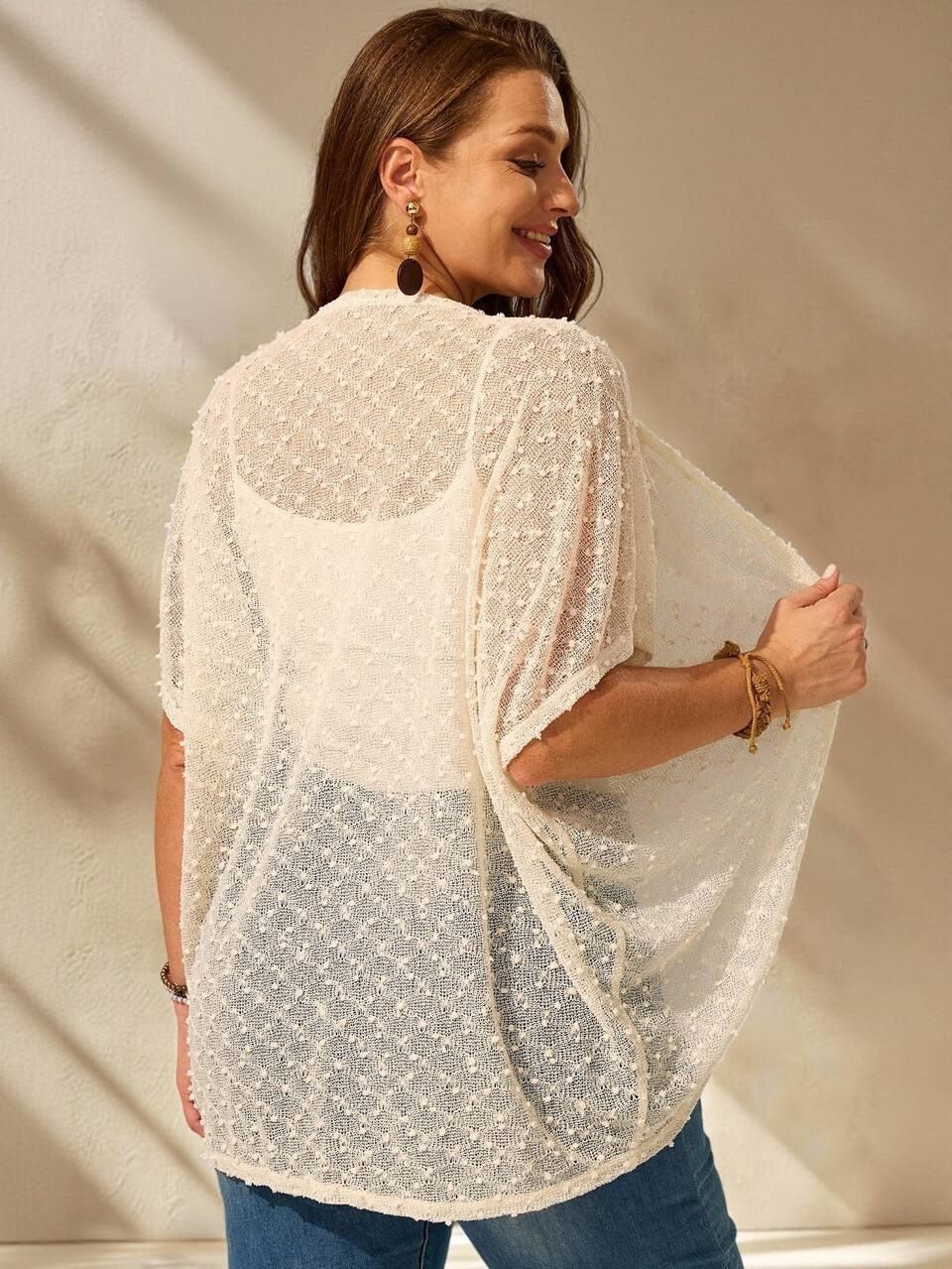 Plus Size White Elegant Goth Casual Lace Kimono Cardigan For Women Batwing Sleeve Asymmetric Hem Light Cover Up Top Holiday Bachelorette Party Teacher