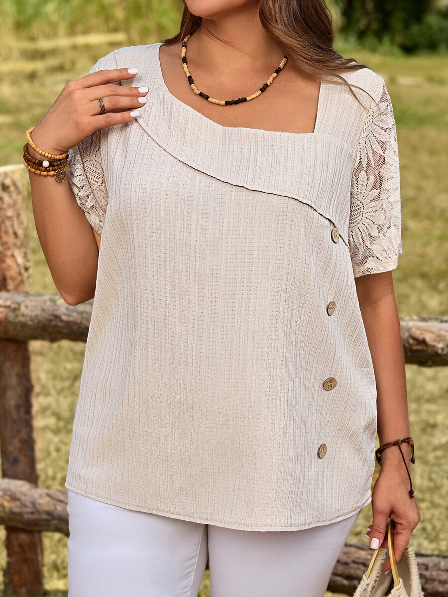 EMERY ROSE Plus Size Women's Summer Elegant Bohemia Beige Lace Patchwork Blouse, Vacation Holiday Asymmetrical Shoulder Button Decor Loose Fit Solid Boho Tops - Apricot - View 1