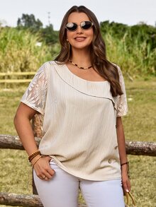 EMERY ROSE Plus Size Women's Summer Elegant Bohemia Beige Lace Patchwork Blouse, Vacation Holiday Asymmetrical Shoulder Button Decor Loose Fit Solid Boho Tops - Apricot - View 8