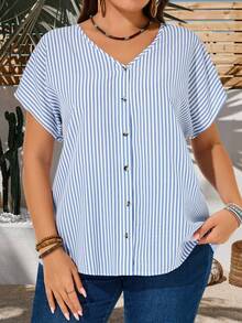 EMERY ROSE Plus Size Vacation Casual Western Traditional Striped Batwing Sleeve Shirt Formal Hawaii Vacation Blue And White Summer - Blue and White - View 8