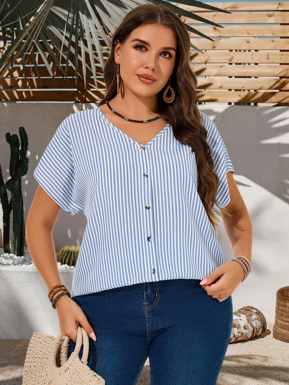 Plus Size Vacation Casual Western Traditional Striped Batwing Sleeve Shirt Formal Hawaii Vacation Blue And White Summer