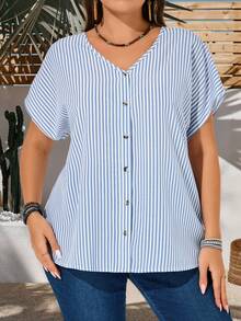 EMERY ROSE Plus Size Vacation Casual Western Traditional Striped Batwing Sleeve Shirt Formal Hawaii Vacation Blue And White Summer - Blue and White - View 6