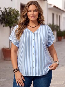 EMERY ROSE Plus Size Vacation Casual Western Traditional Striped Batwing Sleeve Shirt Formal Hawaii Vacation Blue And White Summer - Blue and White - View 4
