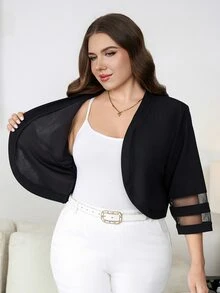 Reflora Plus Size Women's Mesh Patchwork Casual Versatile Daily Jacket Fall - Black - View 10