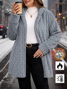 SHEIN Clasi 大尺碼百搭舒適提花長袖連帽外套 冬季 - 藍色 - 查看 1