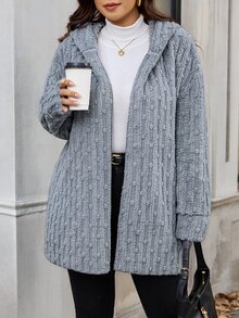 SHEIN Clasi 大尺碼百搭舒適提花長袖連帽外套 冬季 - 藍色 - 查看 6